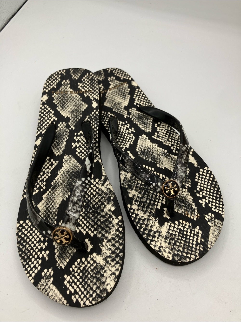 Tory Burch Black & Cream Snake-Print Jelly Flip Flops with Gold Logo